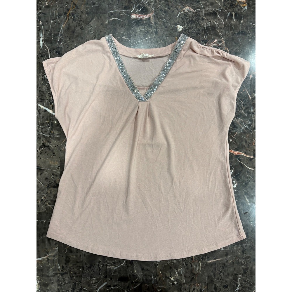 Blush Pink V-Neck Blouse with Sparkle Trim